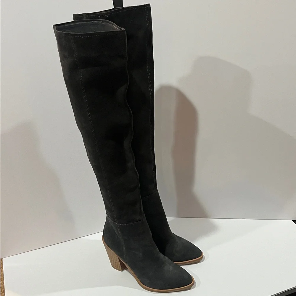 Dark Gray Suede Knee-High Boots - Picture 13 of 14